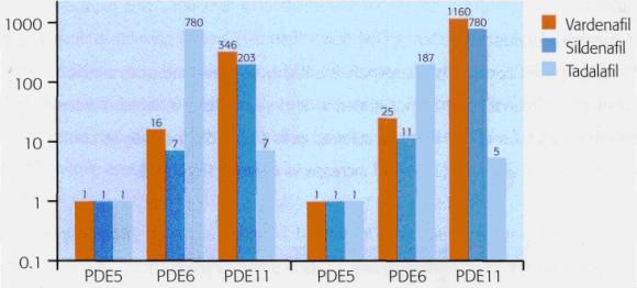 Чем выше значение параметра, тем ниже активность препарата по отношению к изоферментам фосфодиэстеразы (Прим. авт.)